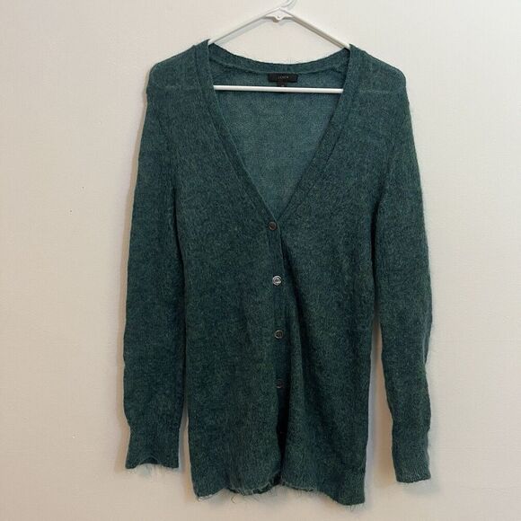 J Crew Womens XS Mohair Blend Sweater Green Cardigan Luxury Buttons V Neck Long - Picture 1 of 11